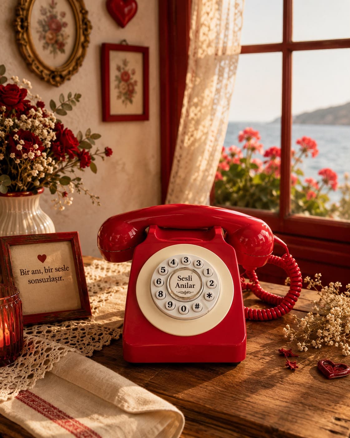 Deniz manzaralı masada kırmızı retro Sesli Anılar telefonu
